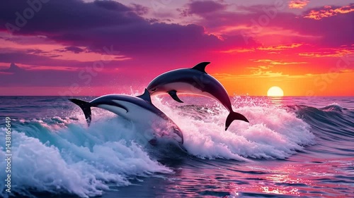 Dolphins Leaping at Sunset: Ocean Wave Art, Vivid Colors, Marine Wildlife, Coastal Scenery, Nature Photography, Beach Theme, Sea Life Art
