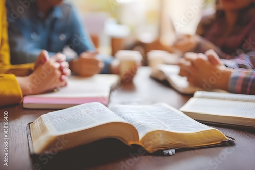 Christian friends group reading, pray and study bible together in home or Sunday school at church. concept studying the word of god.