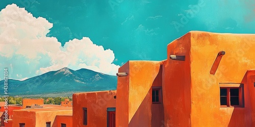 This image captures the essence of southwestern architecture, as seen in regions such as New Mexico or Arizona. The adobe buildings with their distinctive textured walls and flat roofs are painted in