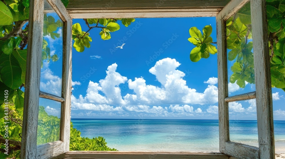 Fototapeta premium Dreamy island beach view with blue skies seen through a classic window frame