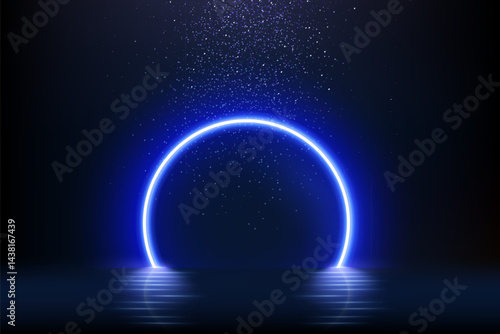 Blue neon light arch. Light portal. Glowing door in futuristic style with falling glitter effect. Abstract fairy arc with reflection in water under rain of luxury confetti. Vector illustration.