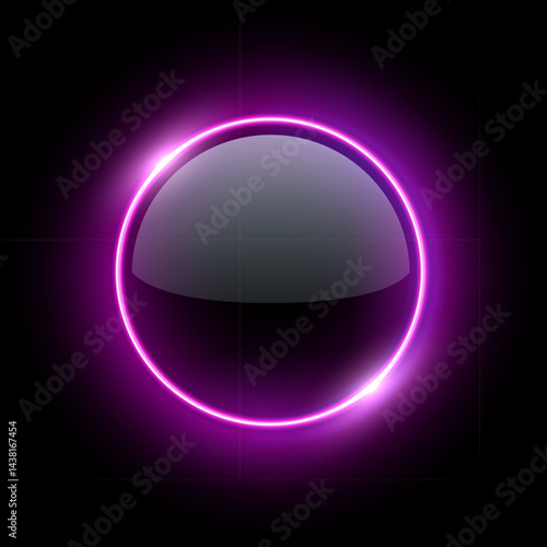 Purple neon light round frame with glowing glass surface. Futuristic illuminated button. Abstract vector illustration for UI design, sci-fi elements, modern tech interfaces.