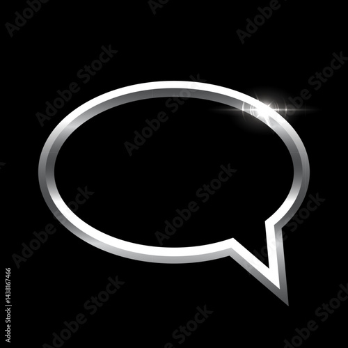 Silver speech bubble frame with shadow on black background. Platinum ellipse blank space for picture, painting, text, message. 3d realistic tube template vector illustration. Simple object mockup.