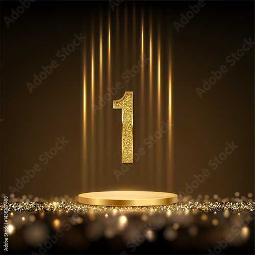 Gold award podium with glowing light rays and number 1 isolated on black background with glitter and confetti. Winner ceremony. Abstract vector illustration.