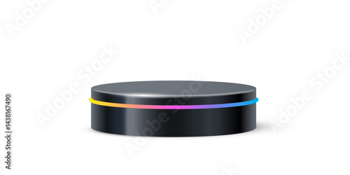 Black round podium with glow neon line. Product display stand isolated on white background. Cosmetic showcase pedestal, platform, stage for product presentation. Realistic vector illustration.