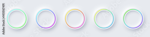 Round color frames with illuminated neon borders on white background. Glowing white circle frames with color lines. Modern abstract futuristic geometric vector illustration set in soft pastel tones.