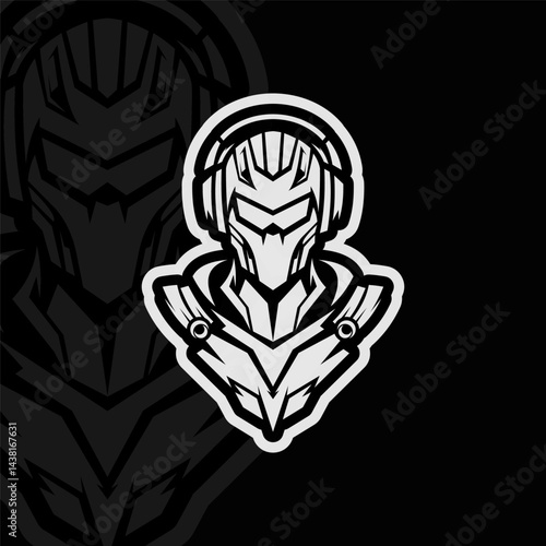 Robot mascot esport illustration logo design, black white