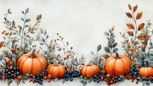 Thanksgiving or harvest-themed border design with pumpkins and berries on white plank background 