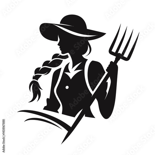 Black silhouette of a farmer with pitchfork on a white background