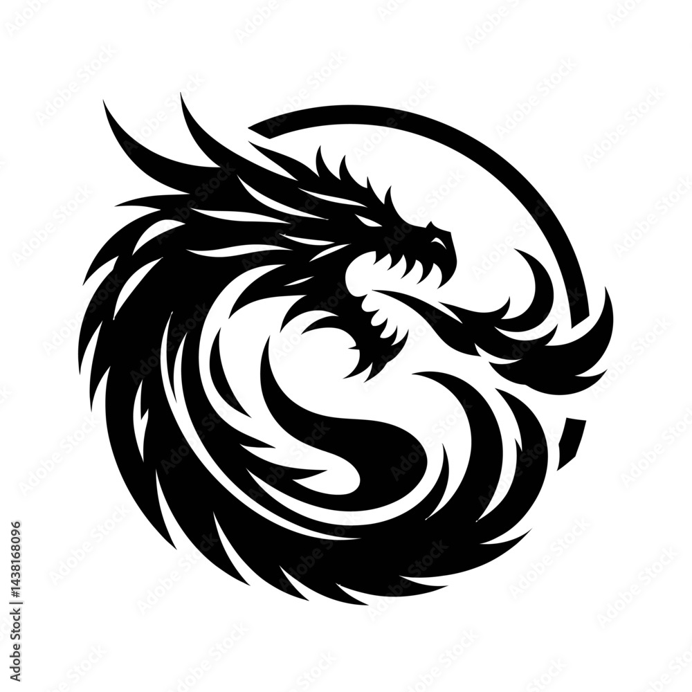 Black silhouette of a dragon breathing fire on a white background Black silhouette of a dragon breathing fire on a white background