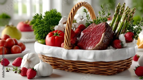 Fresh Vegetables and Meat in a Basket Surrounded by Colorful Produce on a Kitchen Table