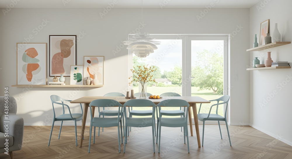 Fototapeta premium Modern Scandinavian Dining Room Design Light, Airy, and Minimalist Interior Decor Inspiration