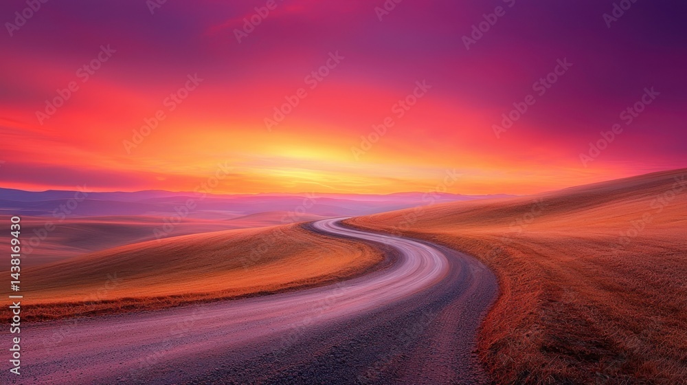 Naklejka premium A dirt road in the middle of a field at sunset