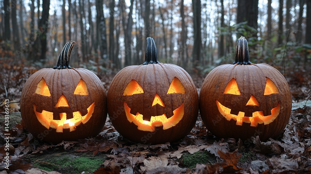 Three carved pumpkins with glowing faces in twilight setting with eerie trees Three carved pumpkins with glowing faces in twilight setting with eerie trees