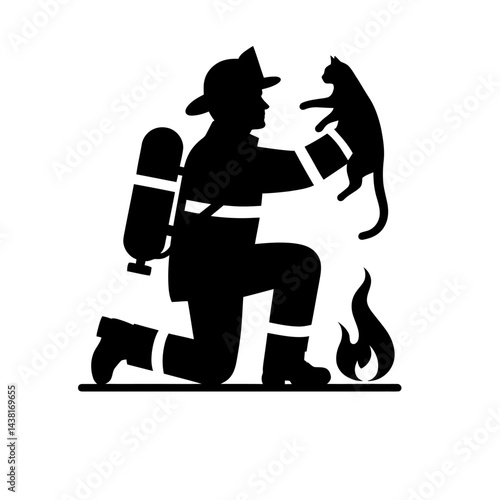 Black silhouette of a firefighter rescuing cat on a white background