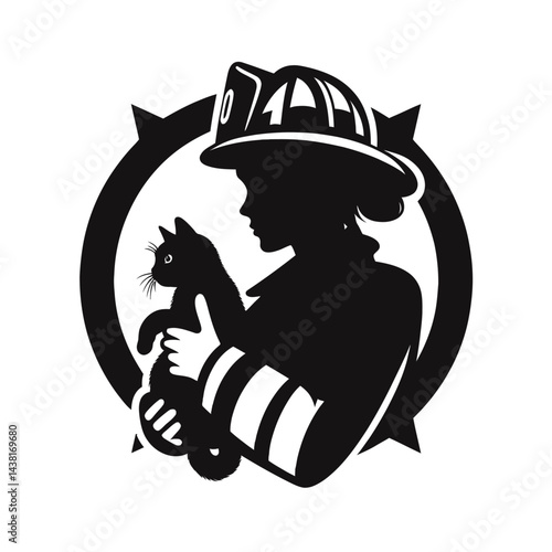 Black silhouette of a firefighter rescuing cat on a white background logotype