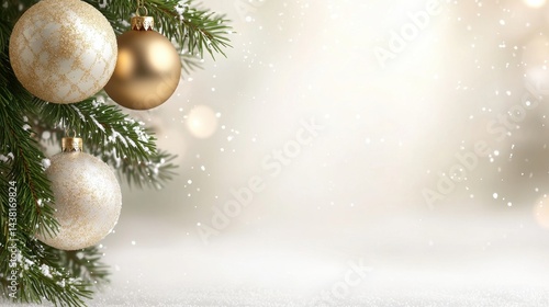 a christmas tree branch with gold and white ornaments on it