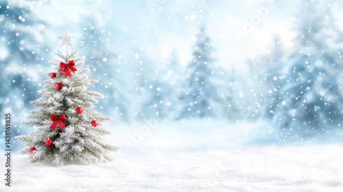 A small white christmas tree with red ornaments in the snow