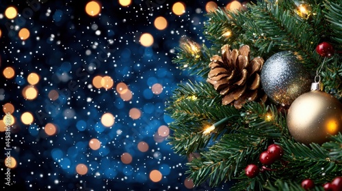 a christmas tree with ornaments on it and lights in the background