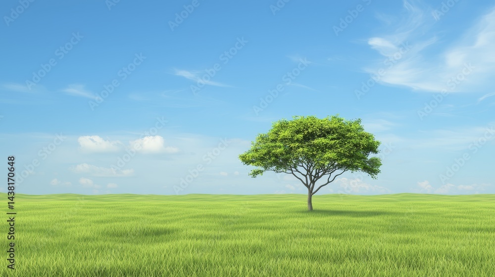 Obraz premium Serene countryside landscape solitary tree in vast grassy field lush