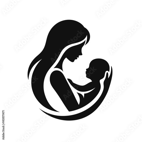 Black silhouette of a mother holding baby