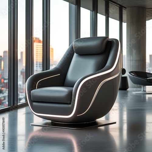 Futuristic Luxury Smart Chair with LED Lighting in Modern High-Rise Office