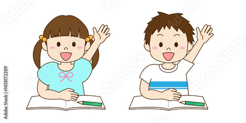 勉強する男の子と女の子が挙手するイラスト