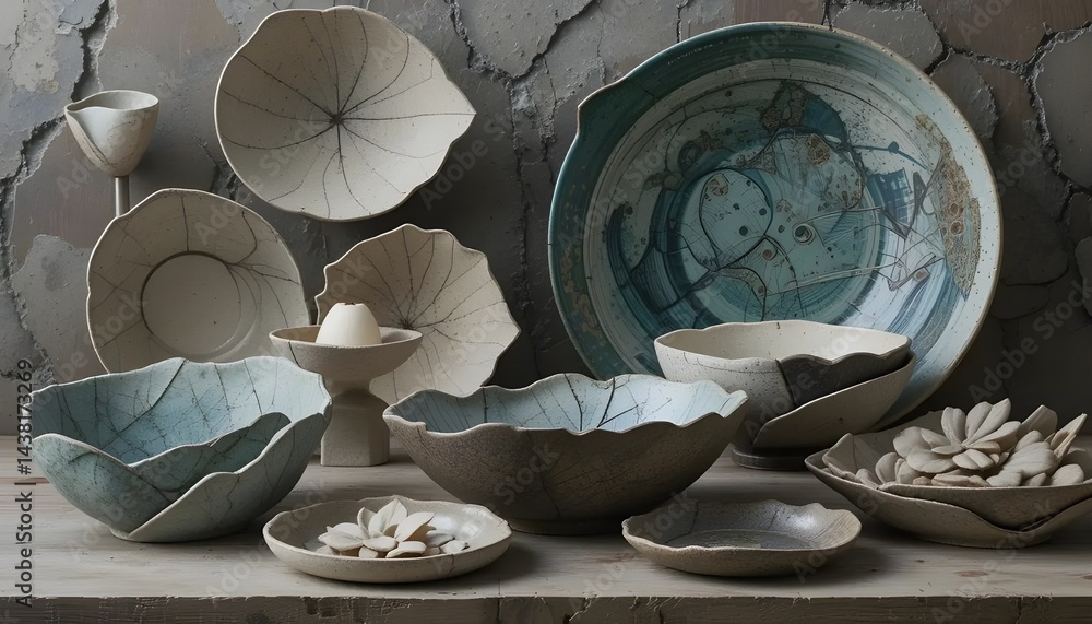 Fototapeta premium A set of ceramic bowls and leaf-shaped dishes displayed artfully, blending organic form and minimalist design in modern tableware and artisan dining aesthetics.