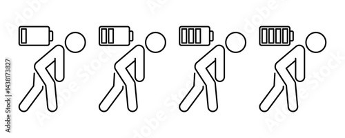 Tired person or people icon set. Fatigue or exhausted, lack battery energy, low charge, burnout workplace, stress, thin line symbol on white background. People with battery icons, logo, label. Vector
