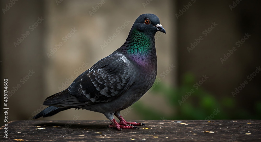 Fototapeta premium A solitary grey pigeon with iridescent green and purple neck feathers standing on a weathered wooden surface with a blurred background, concept for urban wildlife, city life and nature in urban