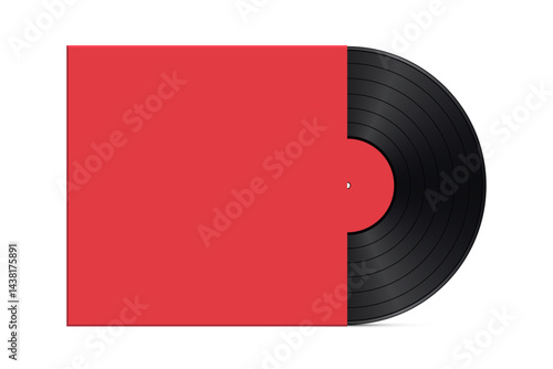 Black vinyl record partially slid out from red square sleeve on transparent background. Minimalistic realistic vector illustration.