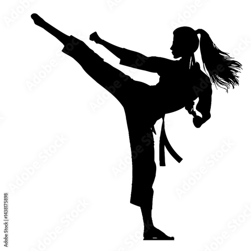 Black silhouette of a woman doing karate kick