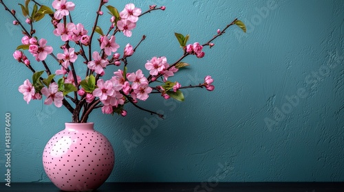 A pink vase with pink flowers in it on a table