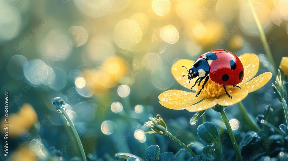 A ladybug sitting on a yellow flower in the grass A ladybug sitting on a yellow flower in the grass