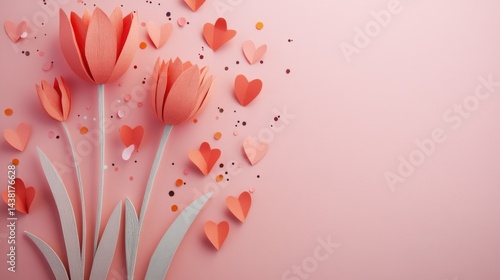 This is a vibrant and adorable image featuring a bouquet of pink tulips surrounded by heart-shaped confetti in various shades of red, orange, and yellow. The background is a soft pink color, providing