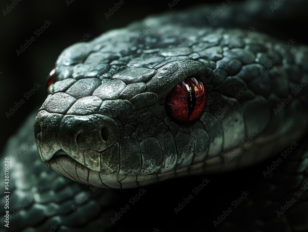A detailed close-up image of a snake with its scales in focus and vivid red eyes that stand out against the dark background. The image highlights the beauty and intensity of the snake's presence. A detailed close-up image of a snake with its scales in focus and vivid red eyes that stand out against the dark background. The image highlights the beauty and intensity of the snake's presence.