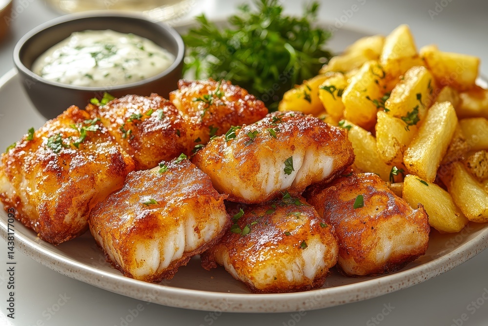 Crispy fish bites, fries, and sauce. Restaurant meal Crispy fish bites, fries, and sauce. Restaurant meal