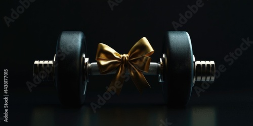 High-resolution, close-up image of a gold ribbon bow adorning a pair of weightlifting dumbbells, set against a dark background. The bow adds a festive touch to the athletic equipment, creating a