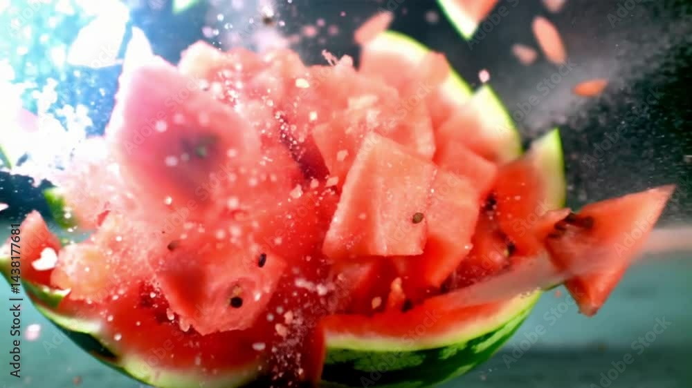 Watermelon Slices Exploding in Water, Vibrant and Refreshing, Representing Summer Fun Watermelon Slices Exploding in Water, Vibrant and Refreshing, Representing Summer Fun