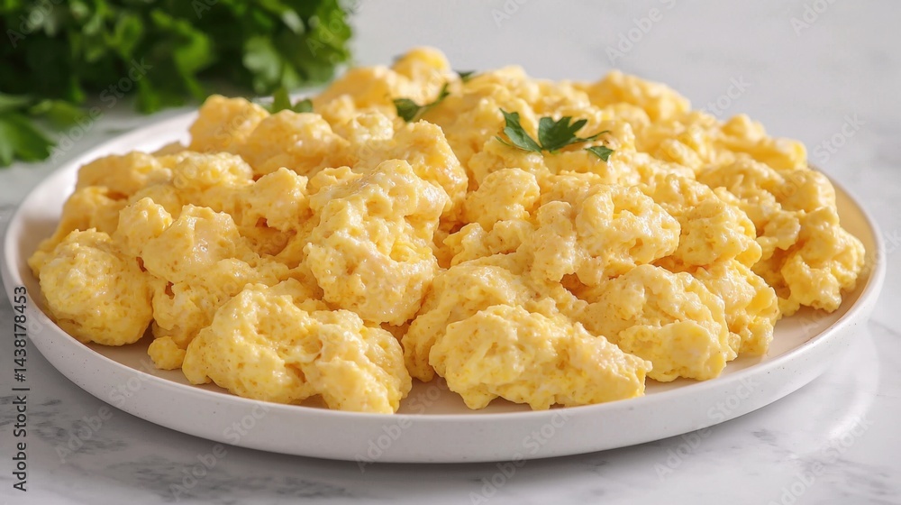 Creamy fluffy scrambled eggs served on a white plate with fresh parsley garnish for breakfast or brunch prepared with butter and seasoned with salt Creamy fluffy scrambled eggs served on a white plate with fresh parsley garnish for breakfast or brunch prepared with butter and seasoned with salt