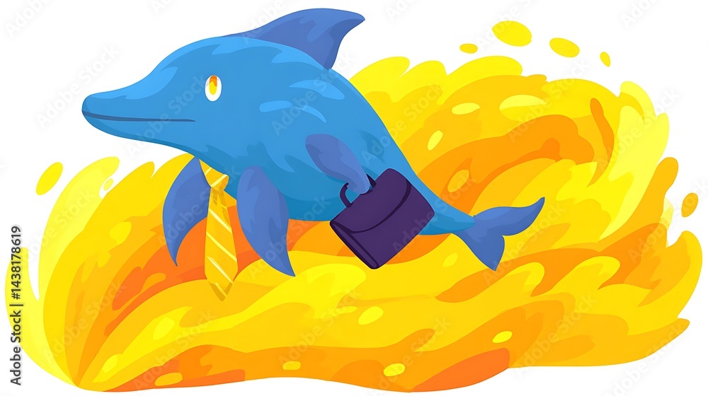 Obraz premium Blue dolphin swims through fiery waters with a briefcase, wearing a tie, creating an unexpected, whimsical scene
