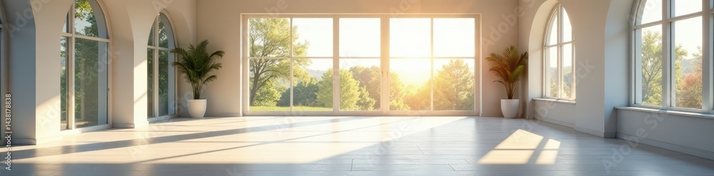 Spacious empty room with large windows, sunlight streams in, bright interior, modern Spacious empty room with large windows, sunlight streams in, bright interior, modern