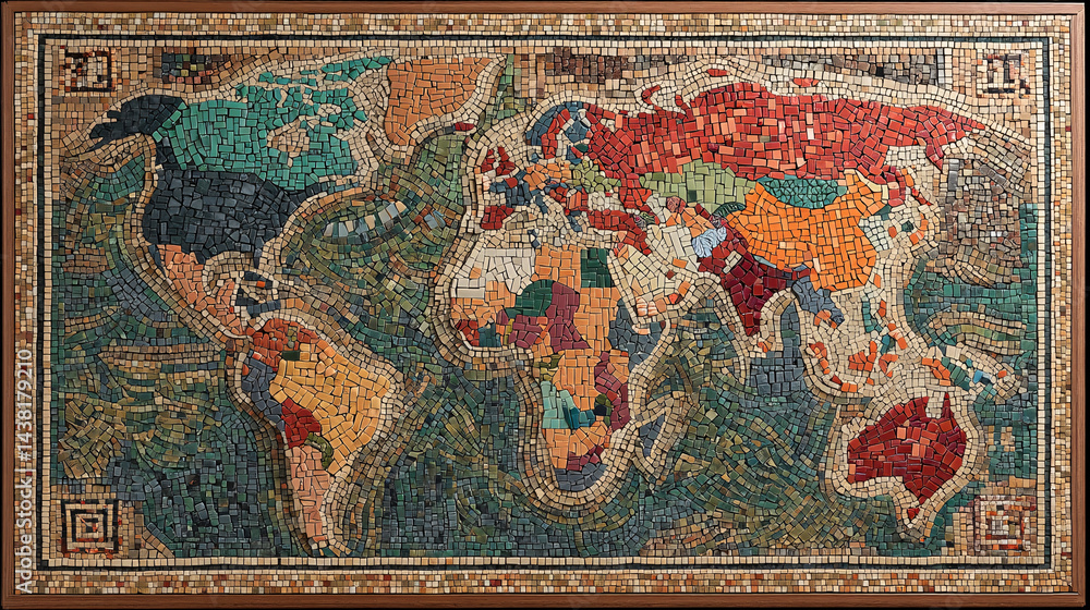 Naklejka premium Vintage Mosaic World Map with Rich Earth Tones