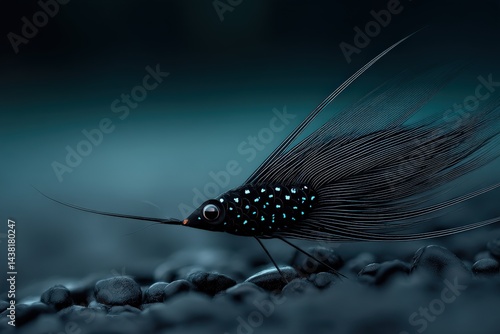 Elegant black and white feather with intricate spotted pattern captured against smooth blue blurred backdrop conveying lightness and symmetry in macro 4k high quality image