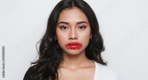 Young woman with facial cold sores isolated on white background symbolizing herpes simplex infection. Generative AI