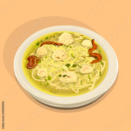 illustration of a bowl of beef meatball noodles on the table