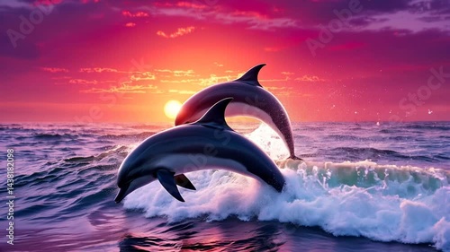 Dolphins Jumping at Sunset: Ocean Wave Art Print, Colorful Sky Seascape, Marine Wildlife Photography, Coastal Wall Decor, Nature Art