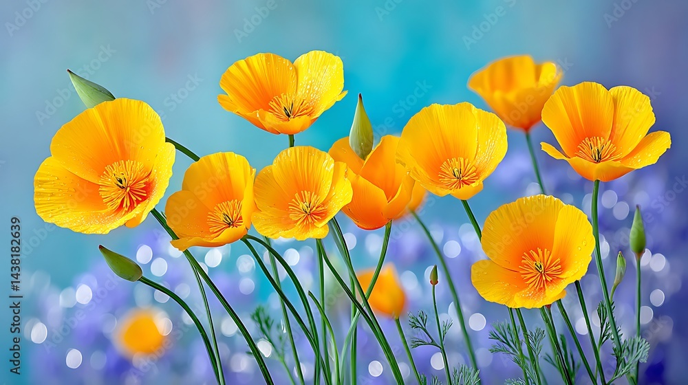 Obraz premium Yellow flowers bloom with grace against blue. Stems point upwards into a magical bokeh background