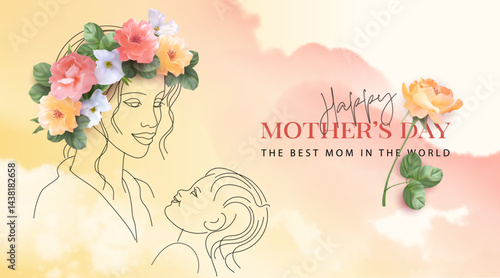 Painted watercolor illustration for Mothers Day. Mother wearing a wreath of roses looks at her child. Line drawing. Floral holiday background