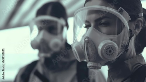 A woman wearing a gas mask is looking at the camera. The scene is black and white. The woman's mask is white and has a clear plastic covering